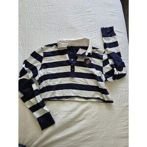 Vintage Women's Navy & White Striped Cropped Rugby Polo Shirt - Long Sleeve